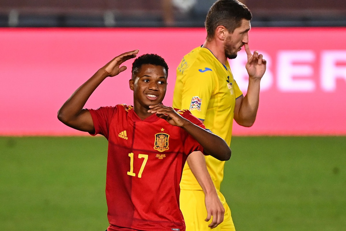Spain's forward Ansu Fati reacts after missing a goal opportunity during the UEFA Nations League A group 4 football match between Spain and Ukraine at the Alfredo Di Stefano Stadium in Madrid on September 6, 2020. / AFP / GABRIEL BOUYS
