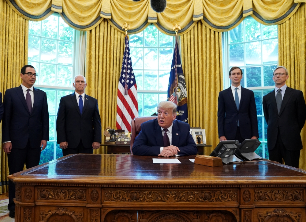 U.S. President Donald President Trump speaks after it was announced Bahrain has joined the United Arab Emirates in striking an agreement to normalize relations with Israel during a brief appearance in the Oval Office at the White House in Washington, U.S.