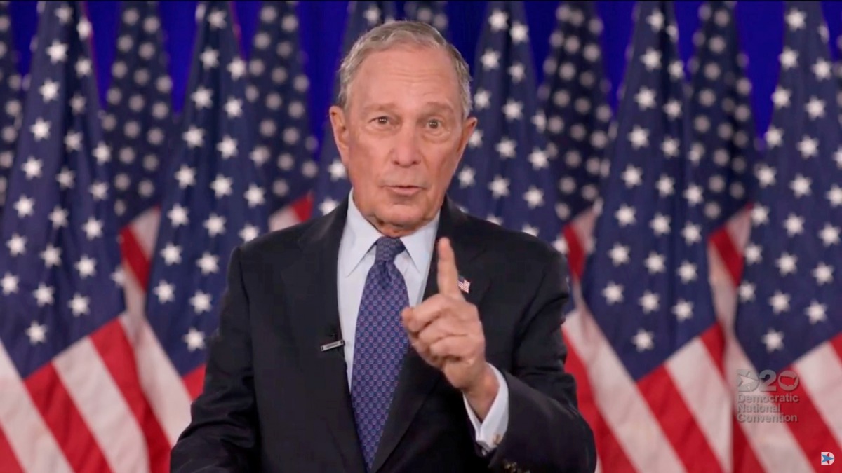 FILE PHOTO: Former 2020 Democratic presidential candidate and former New York Mayor Michael Bloomberg speaks by video feed during the 4th and final night of the 2020 Democratic National Convention, as participants from across the country are hosted over v