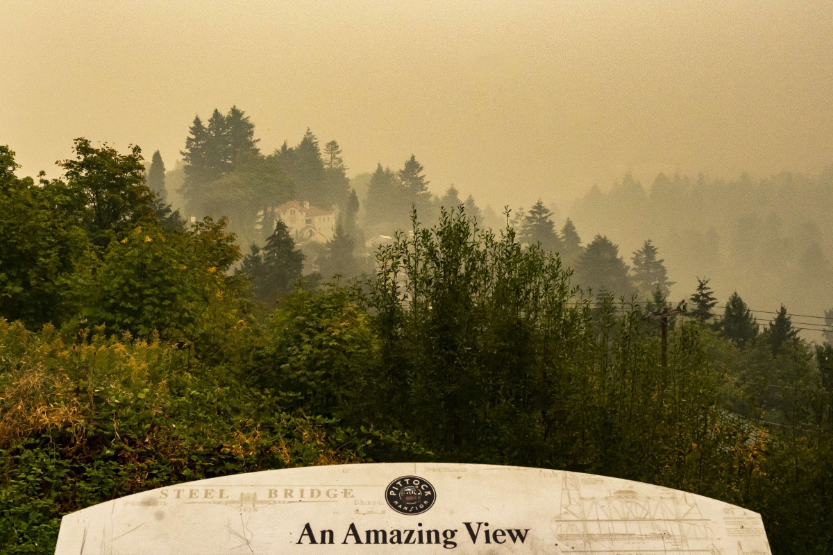 PORTLAND, OR - SEPTEMBER 12: Heavy smoke obscures the view from Pittock Mansion on September 12, 2020 in PORTLAND, Oregon. Multiple wildfires grew by hundreds of thousands of acres this week, covering large portions of the West coast in smoke. Nathan Howa