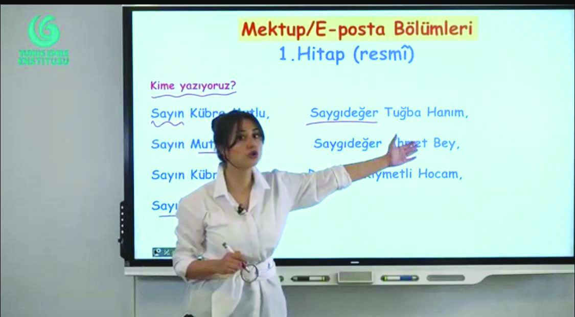 A teacher is seen during a Turkish language class organised by the Yunus Emre Turkish Cultural Center in Doha.