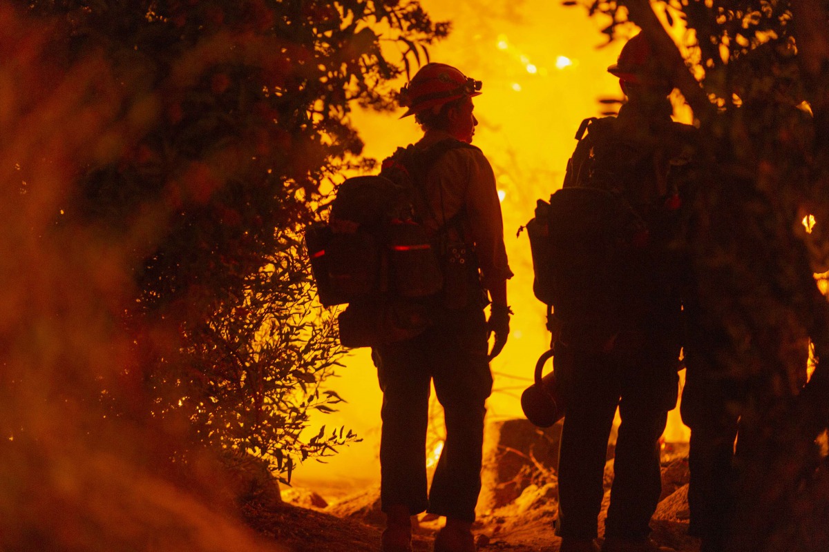 ARCADIA, CA - SEPTEMBER 13: Mill Creek Hotshots set a backfire to protect homes during the Bobcat Fire on September 13, 2020 in Arcadia, California.  David McNew/Getty Images/AFP
