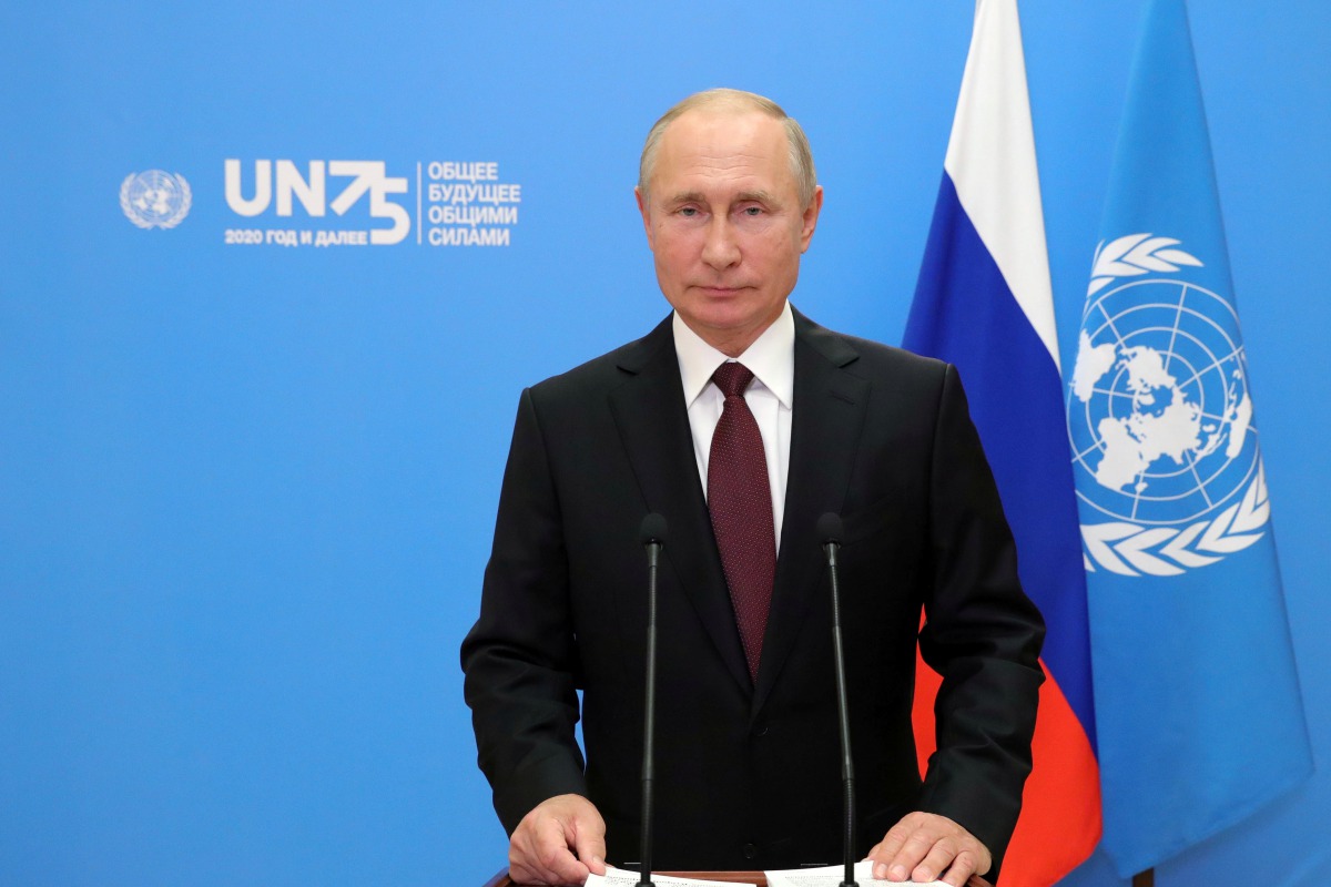 Russia's President Vladimir Putin is seen during his video address to the United Nations General Assembly in Moscow, Russia September 22, 2020. Sputnik / Mikhail Klimentyev / Kremlin via REUTERS 