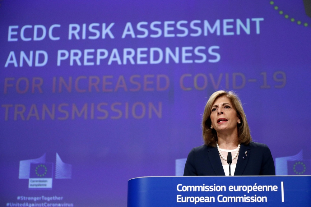 European Commissioner for Health Stella Kyriakides speaks during a news conference updating the risk assessment for the novel coronavirus, COVID-19, in Brussels on September 24, 2020. / AFP / POOL / FRANCOIS LENOIR