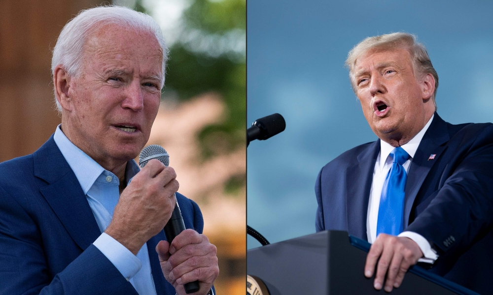 (COMBO) This combination of pictures created on September 25, 2020 shows a photo taken on September 23, 2020 Democratic presidential candidate Joe Biden speaks at the Black Economic Summit at Camp North End in Charlotte, North Carolina. (FILES) In this fi
