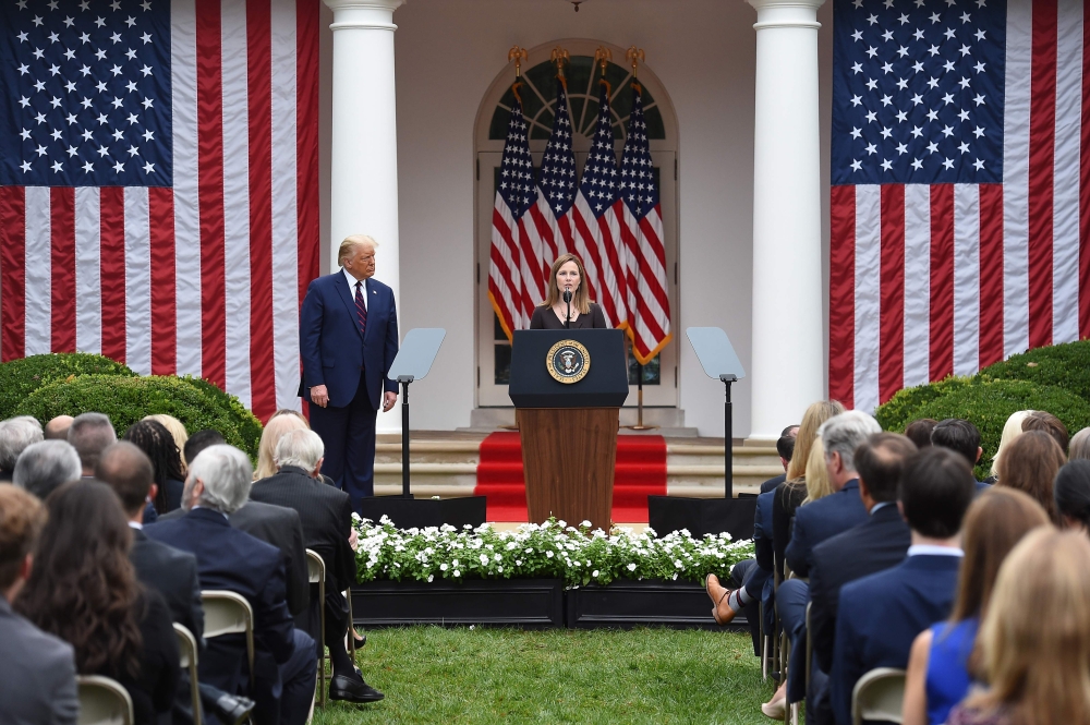 Judge Amy Coney Barrett speaks after being nominated to the US Supreme Court by President Donald Trump in the Rose Garden of the White House in Washington, DC on September 26, 2020. AFP / Olivier Douliery 