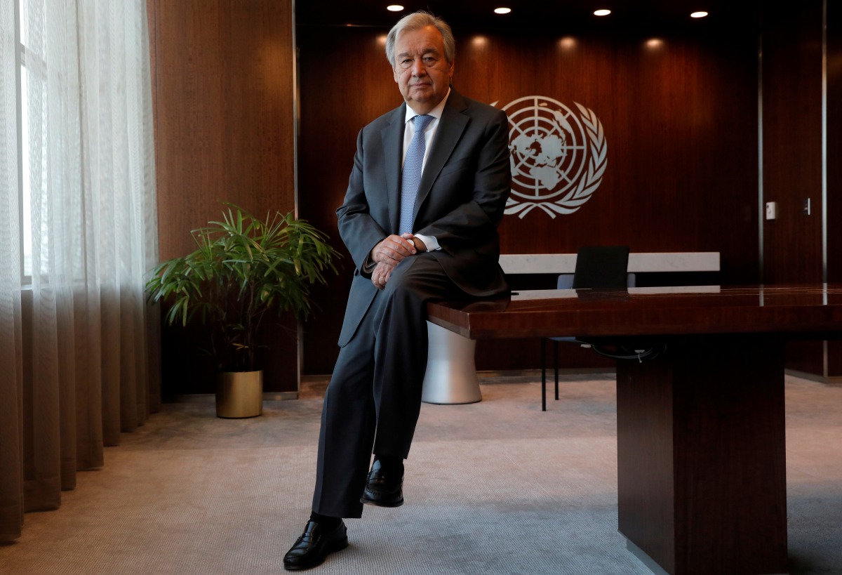 FILE PHOTO: United Nations Secretary-General Antonio Guterres poses for a photograph during an interview with Reuters at U.N. headquarters in New York City, New York, U.S., September 14, 2020. Picture taken September 14, 2020. REUTERS/Mike Segar/File Phot