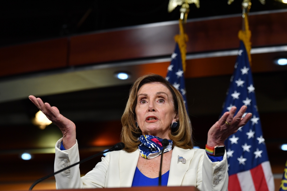 US Speaker of the House, Nancy Pelosi, Democrat of California, holds her weekly press briefing on Capitol Hill in Washington, DC.  AFP / Nicholas Kamm
