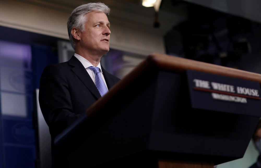 National Security adviser Robert O'Brien speaks during a press briefing at the White House in Washington, US, September 4, 2020. REUTERS/Leah Millis/File Photo