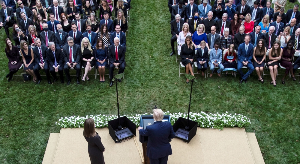 US President Donald Trump holds an event to announce his nominee of U.S. Court of Appeals for the Seventh Circuit Judge Amy Coney Barrett to fill the Supreme Court seat left vacant by the death of Justice Ruth Bader Ginsburg, who died on September 18, at 
