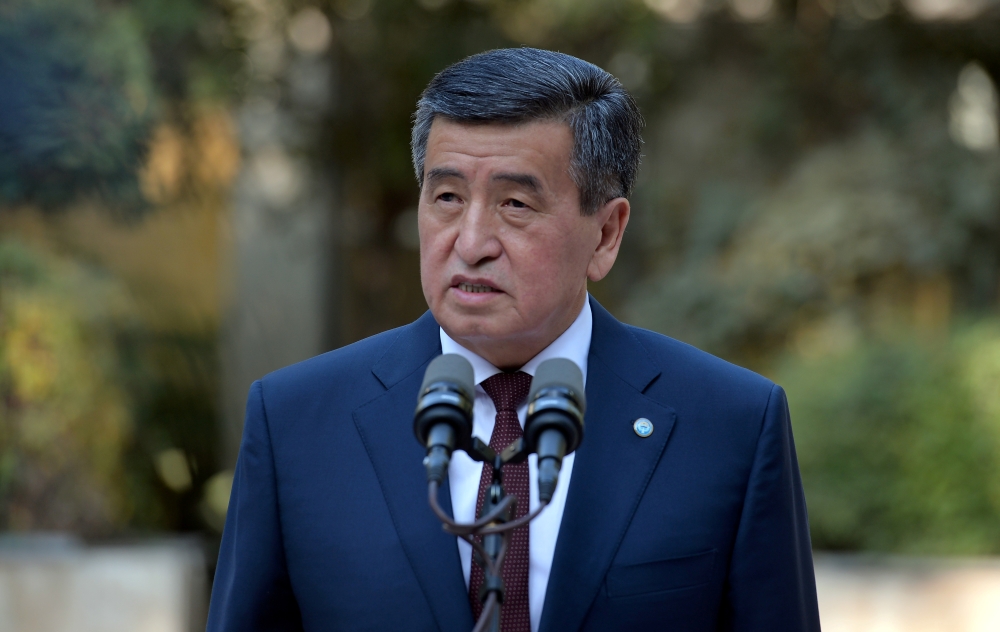Kyrgyzstan's President Sooronbay Jeenbekov speaks after a vote at parliamentary election in Bishkek, Kyrgyzstan October 4, 2020. Sultan Dosaliev/Kyrgyz Presidential Press Service/Handout via Reuters