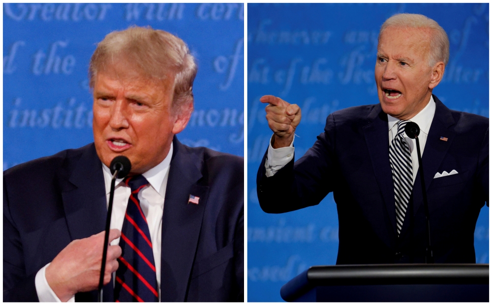 FILE PHOTO: A combination picture shows U.S. President Donald Trump and Democratic presidential nominee Joe Biden speaking during the first 2020 presidential campaign debate, held on the campus of the Cleveland Clinic at Case Western Reserve University in