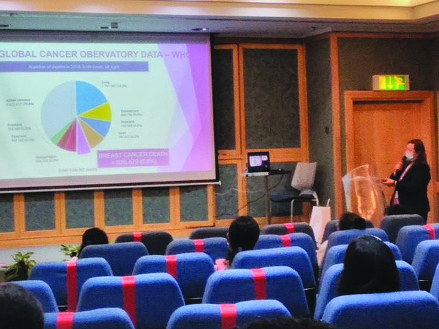 A lecture being delivered as part of Al-Ahli Hospital’s breast cancer awareness campaign.  