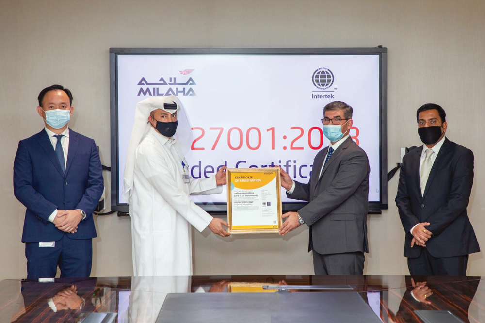 President and CEO of Milaha Group, Abdulrahman Essa Al Mannai, receiving the ISO  27001 certificate in Doha recently. 