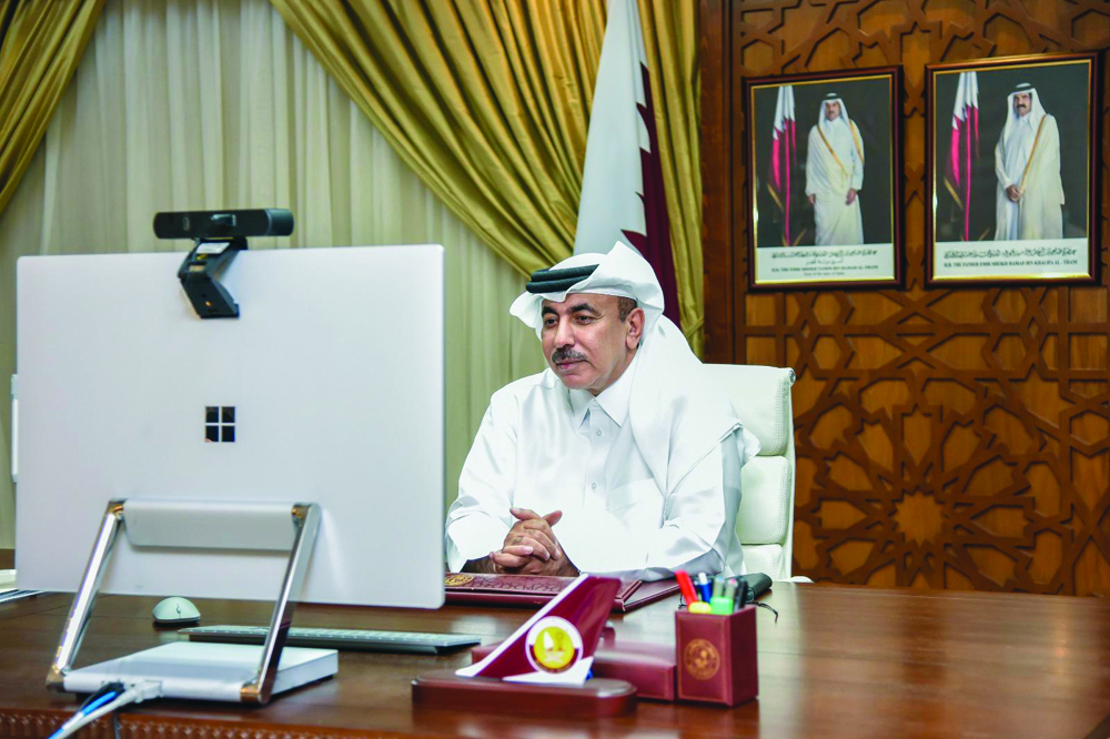 Minister of Transport and Communications, H E Jassim Saif Ahmed Al Sulaiti, participating in the 33rd Session of Arab Transport Ministers' Council via videoconferencing, yesterday.