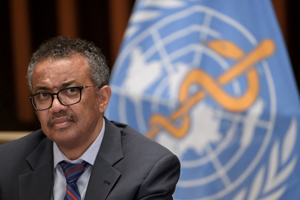 World Health Organization (WHO) Director-General Tedros Adhanom Ghebreyesus attends a news conference organized by Geneva Association of United Nations Correspondents (ACANU) amid the COVID-19 outbreak, caused by the novel coronavirus, at the WHO headquar