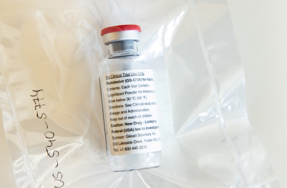 An ampule of Gilead Sciences COVID-19 antiviral remdesivir is pictured during a news conference at the University Hospital Eppendorf (UKE) in Hamburg, Germany, April 8, 2020, as the spread of coronavirus disease (COVID-19) continues. Ulrich Perrey/Pool vi