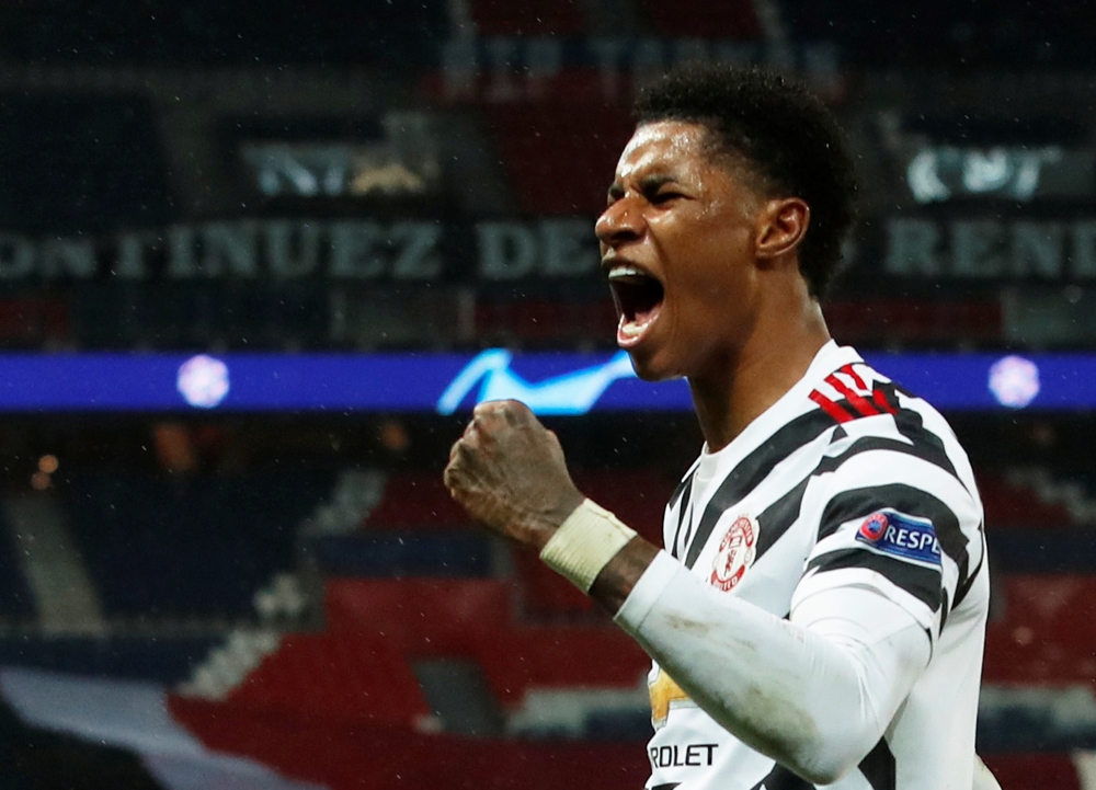 October 20, 2020 Manchester United's Marcus Rashford celebrates scoring their second goal REUTERS/Gonzalo Fuentes/File Photo
