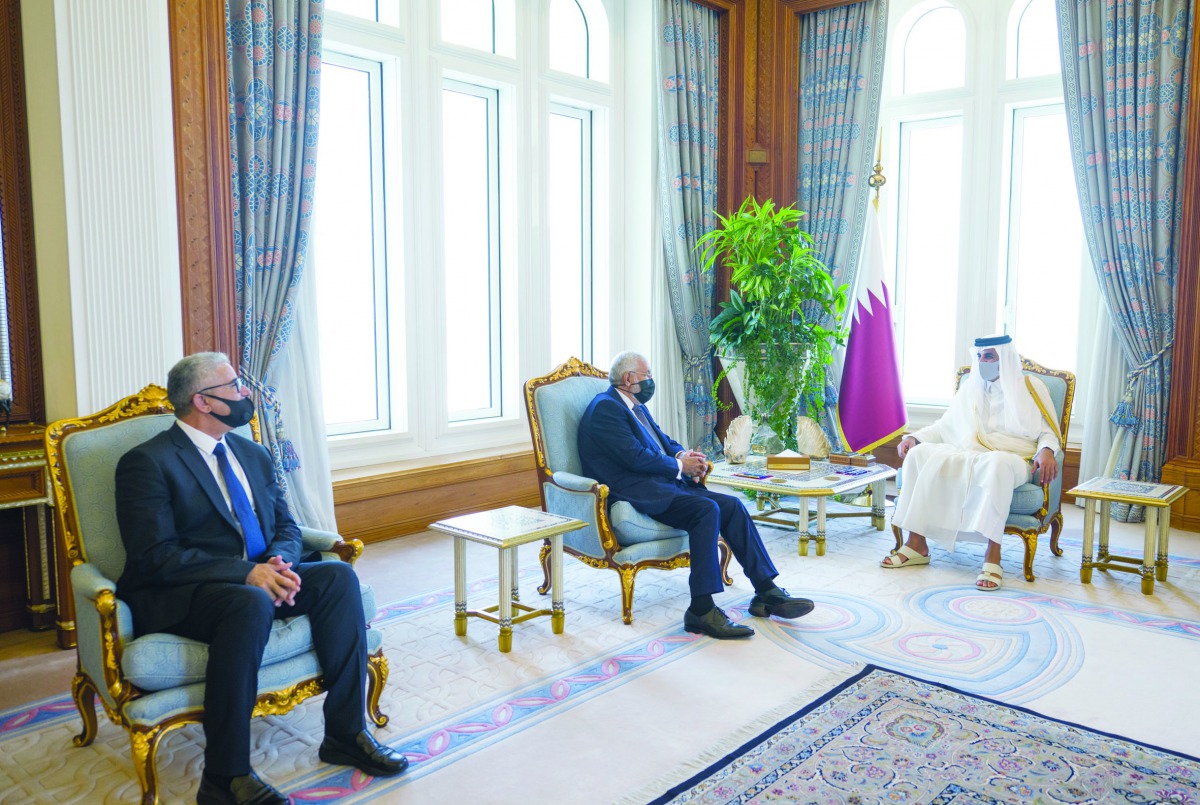 Amir H H Sheikh Tamim bin Hamad Al Thani meeting with Libya's Minister of Foreign Affairs, H E Mohamed Al Taher Siala, and Libya's Minister of Interior, H E Fathi Ali Bashagha, at Amiri Diwan, yesterday.