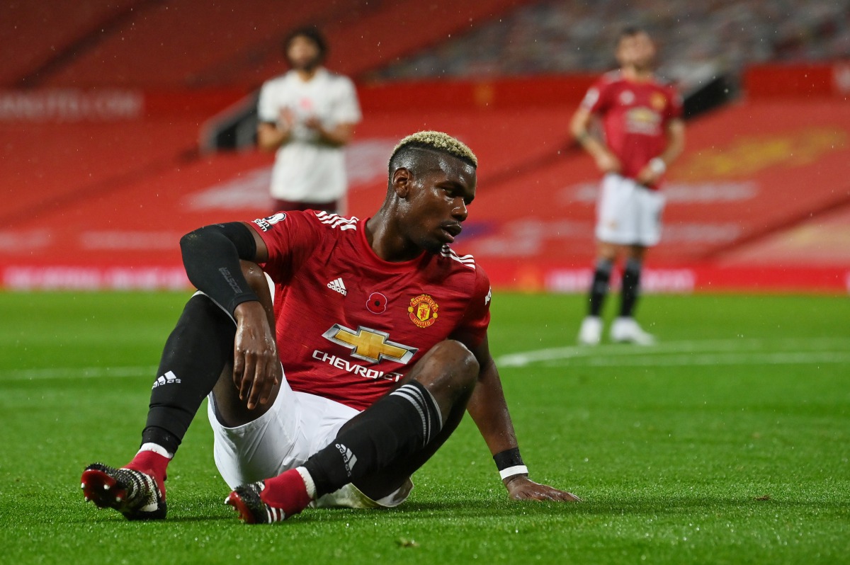 Soccer Football - Premier League - Manchester United v Arsenal - Old Trafford, Manchester, Britain - November 1, 2020 Manchester United's Paul Pogba reacts after fouling Arsenal's Hector Bellerin resulting in Arsenal being awarded a penalty by referee Mik
