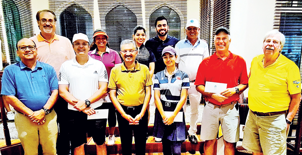 Prize winners of the 196th monthly Golf tournament organised by Qatar Golf Lovers posing for a photograph with Officials. FROM LEFT: Qatar Golf Lovers Vice-President Sanjay Jain, President Manoj Megchiani, Rahul Kumar, Rukkaiyya Pachisa, Ambassador Mittal