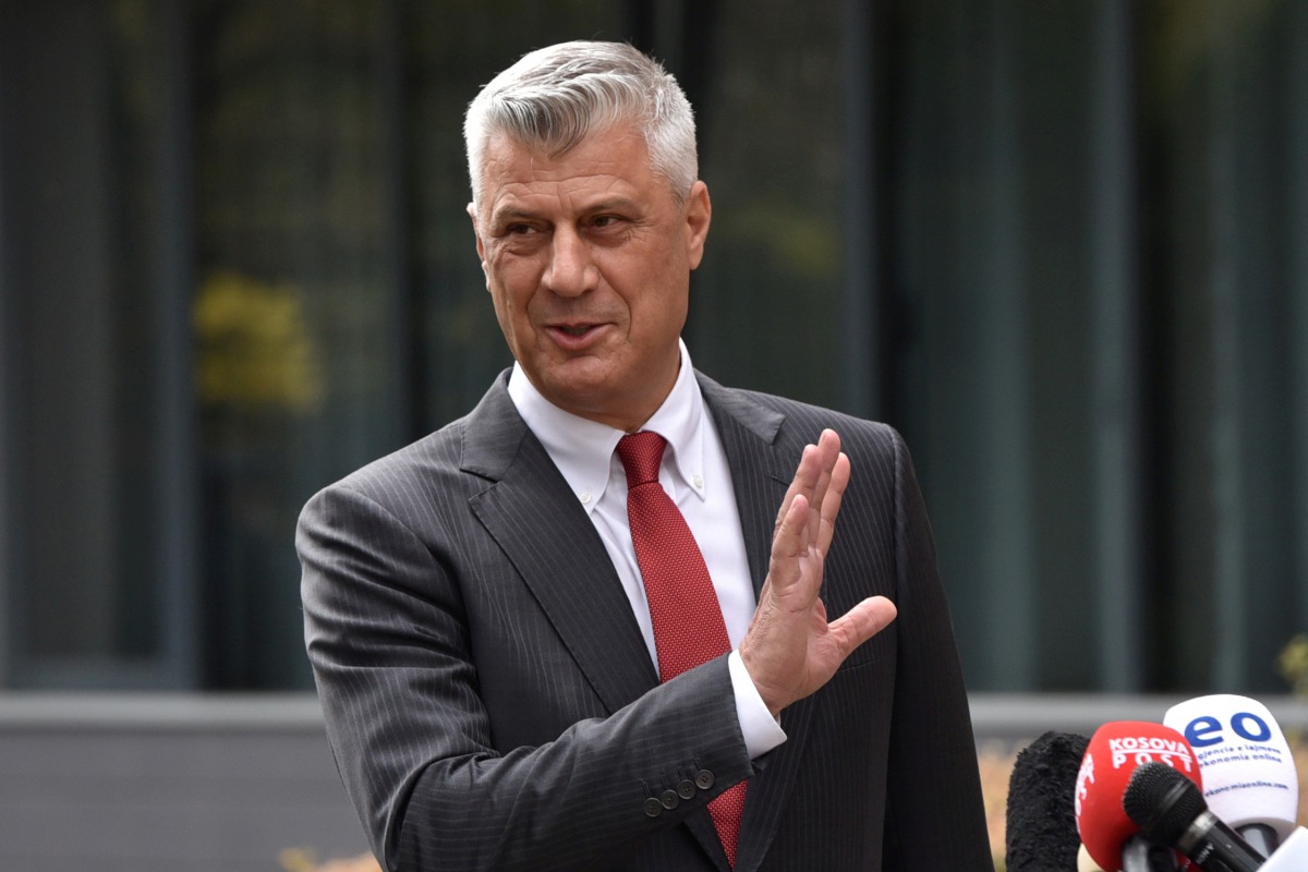Kosovo's President Hashim Thaci is pictured during a news conference as he resigns to face war crimes charges at a special court based in the Hague, in Pristina, Kosovo, November 5, 2020. REUTERS/Laura Hasani
