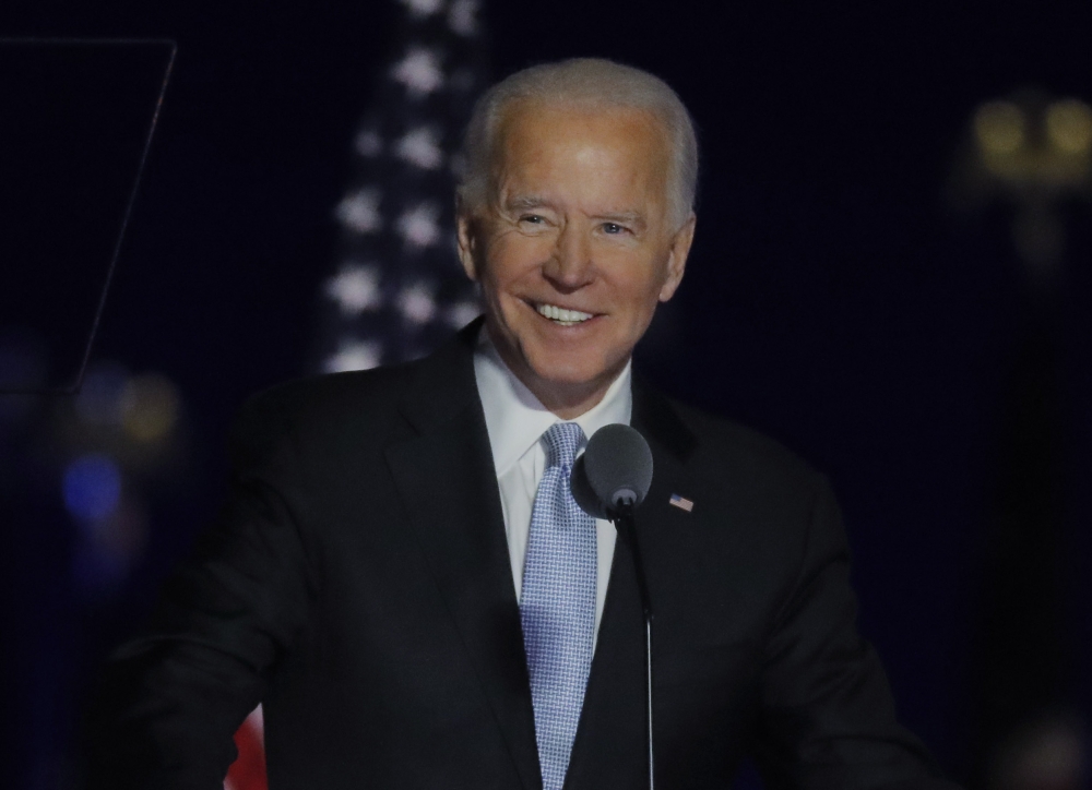 Democratic 2020 U.S. presidential nominee Joe Biden speaks at his election rally, after the news media announced that Biden has won the 2020 U.S. presidential election over President Donald Trump, in Wilmington, Delaware, U.S., November 7, 2020. REUTERS/J