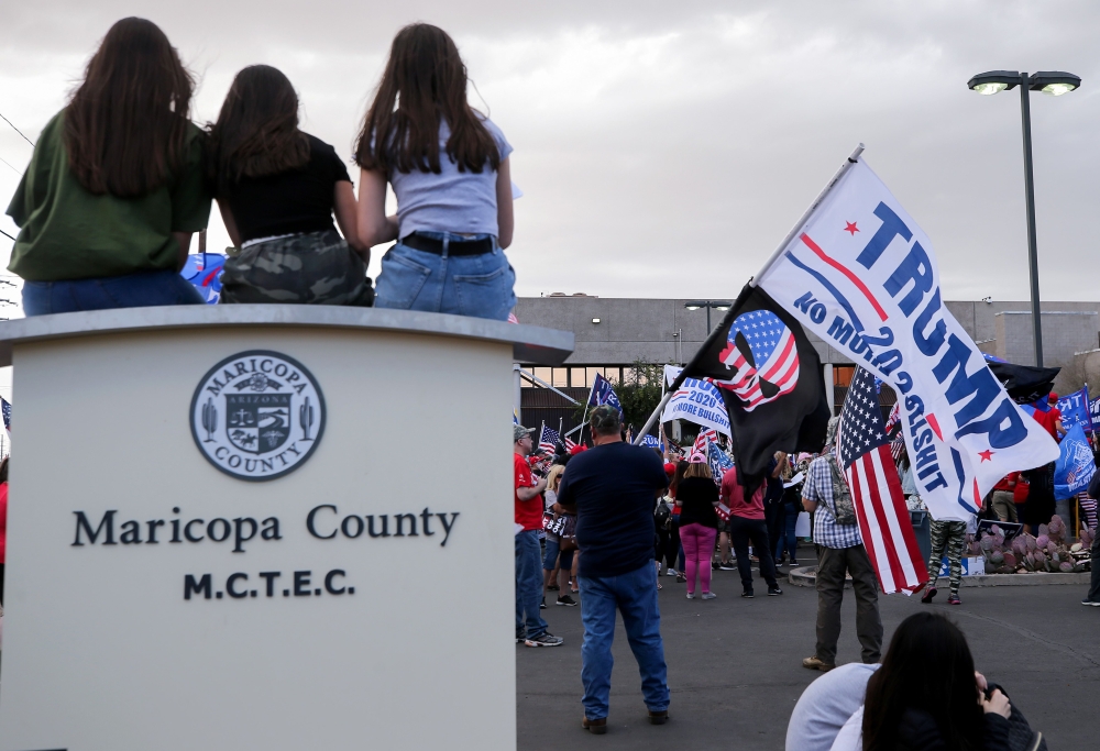 Supporters of President Donald Trump demonstrate at a ‘Stop the Steal’ rally in front of the Maricopa County Elections Department office on November 7, 2020 in Phoenix, Arizona. Mario Tama/Getty Images/AFP