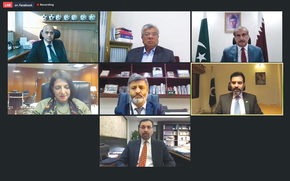 Governor of State Bank of Pakistan (SBP) Dr. Reza Baqir (right middle row); Deputy Governor of SBP, Sima Kamil (left middle row); Pakistan’s Ambassador to Doha, Syed Ahsan Reza Shah (top right); and other participants at the webinar hosted by PBPC, yester