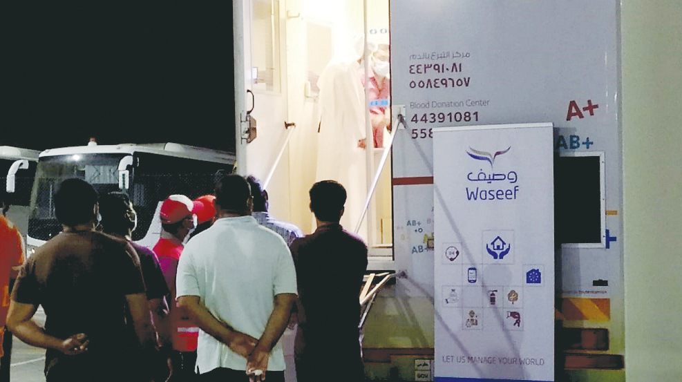 Residents of Workers’ Housing in Al-Khor waiting for their trun at the blood donation facility in Al Khor, recently.  