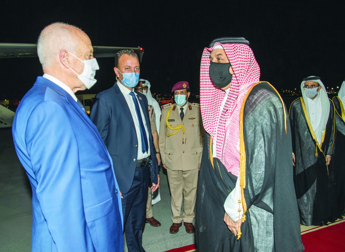 H E Kais Saied, President of Tunisia, being received by Deputy Prime Minister and Minister of State for Defence Affairs, H E Dr. Khalid bin Mohammed Al Attiyah; Minister of Culture and Sports, H E Salah bin Ghanem Al Ali; and other officials upon his arri