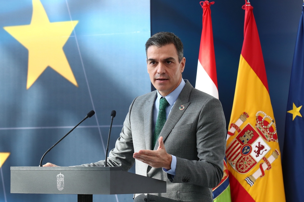 A handout picture released by the Moncloa Palace shows Spanish Prime Minister Pedro Sanchez delivering a speech during a visit to the Wurth Museum in Agoncillo on November 20, 2020. AFP Photo / La Moncloa / Fernando Calvo