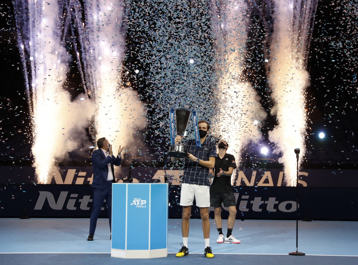 Tennis - ATP Finals - The O2, London, Britain - November 22, 2020 Russia's Daniil Medvedev lifts the trophy as he celebrates winning the final match against Austria's Dominic Thiem Action Images via Reuters/Paul Childs
