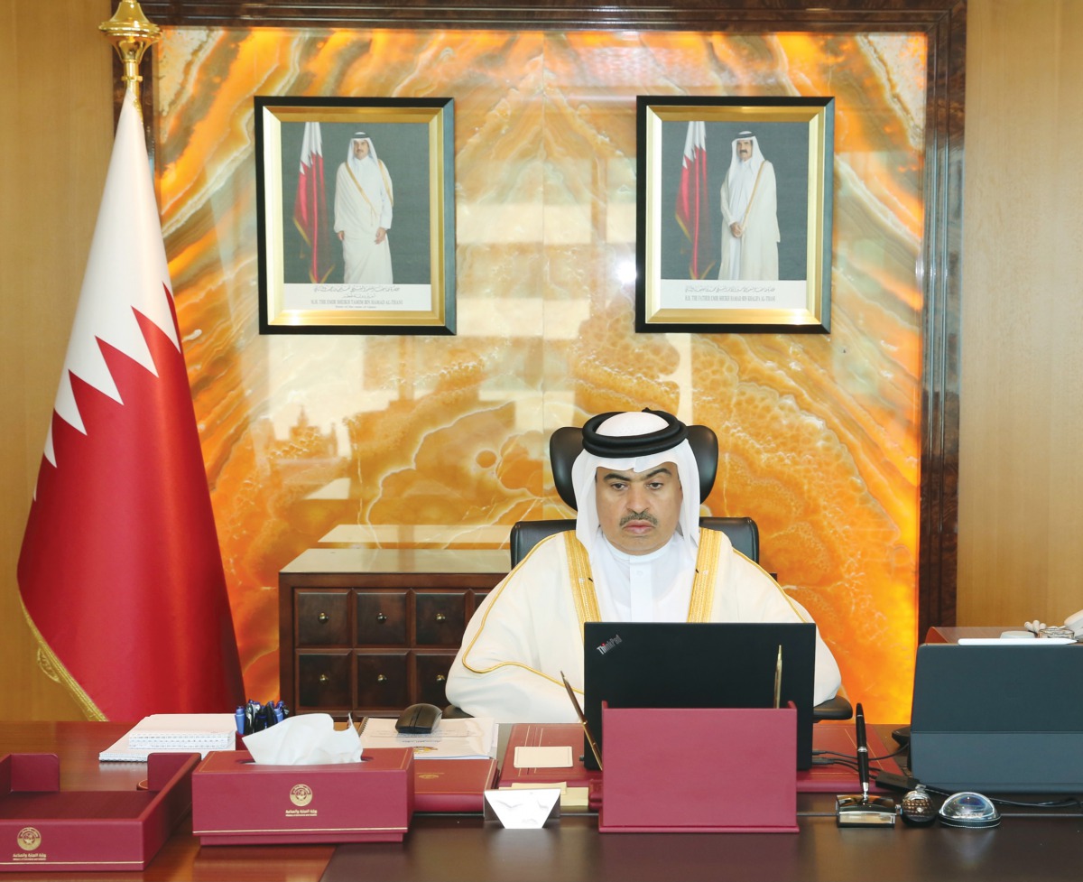 Minister of Commerce and Industry, H E Ali bin Ahmed Al Kuwari, participating in the meeting through video conferencing.