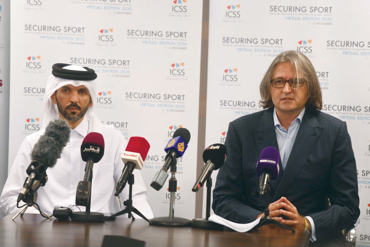 Saleh Salem Al Eida, Special Advisory, Strategy and Partnership Development, ICSS, and Massimiliano Montanari, CEO, ICSS during a press conference in Doha yesterday.