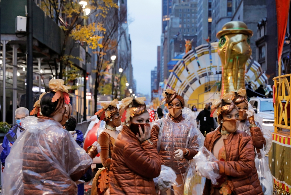 Participants gather ahead of the 94th Macy's Thanksgiving Day Parade closed to the spectators due to the spread of the coronavirus disease (COVID-19), in Manhattan, New York City, U.S., November 26, 2020. REUTERS/Andrew Kelly TPX IMAGES OF THE DAY
