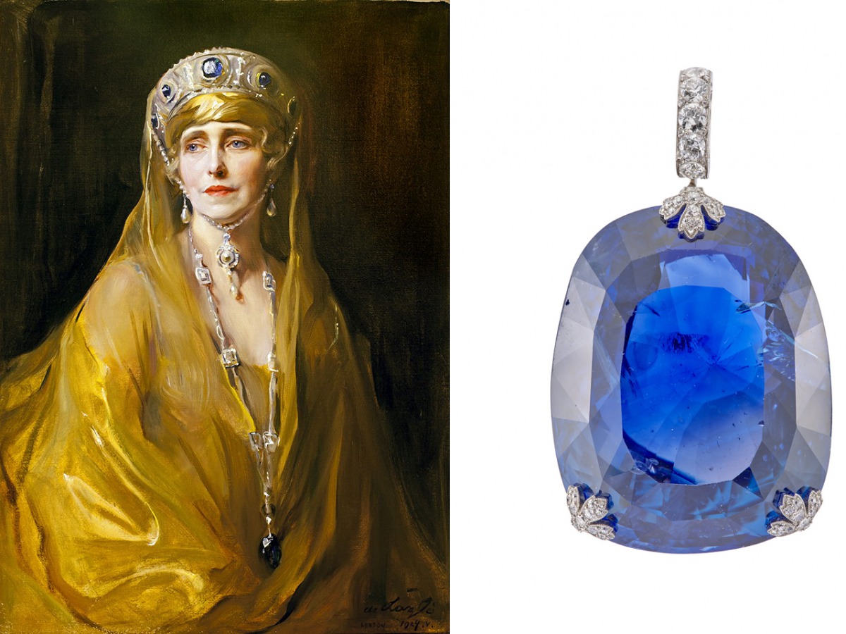 A portrait of Queen Marie by de Laszlo and The Blue Sapphire jewel.
