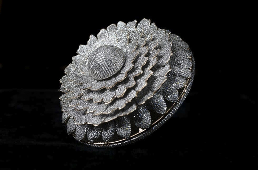 This undated handout photograph provided by the Renani Jewels on December 4, 2020, shows a ring called the Marigold-the ring of prosperity, the circular band with 12,638 diamonds that weighs a little over 165 grams is pictured in Meerut. AFP PHOTO/Renani 