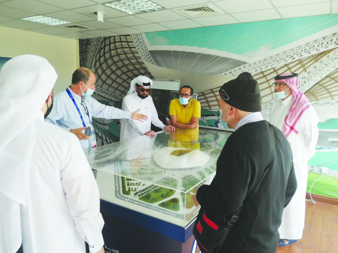 Officials from MME and the Supreme Committee for Delivery and Legacy discuss installation of air quality monitoring system at Al Janoub Stadium, yesterday. 