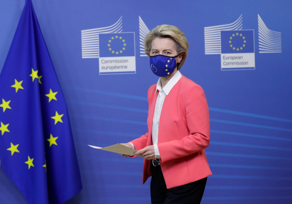 uropean Commission President Ursula von der Leyen arrives for a press statement following a phone call meeting with Britain's Prime Minister, at the European Commission in Brussels on December 13, 2020. A negotiations phase of eleven months that started o
