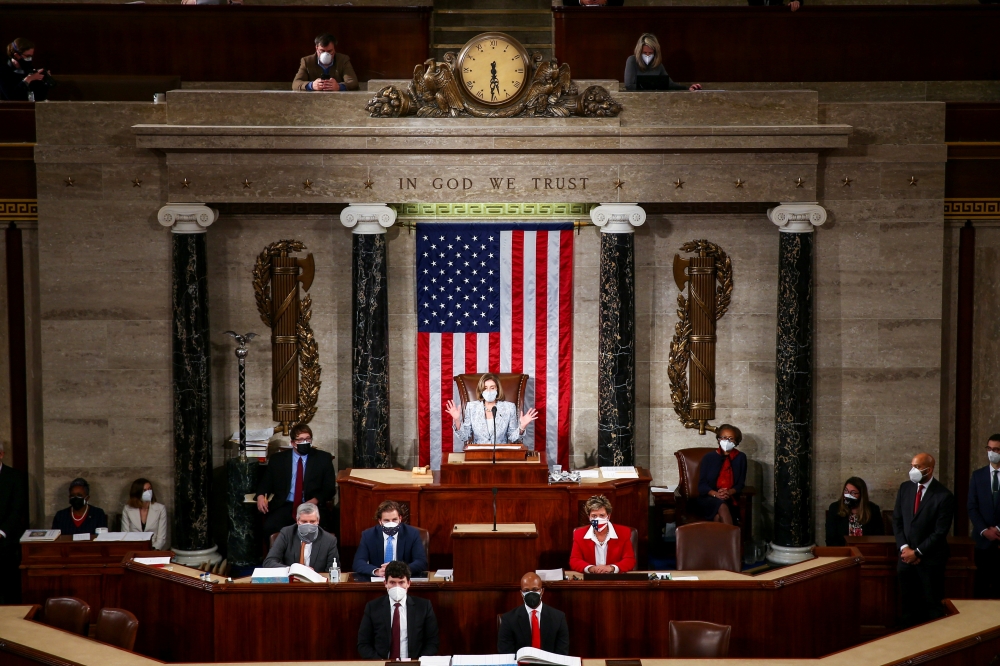 Speaker of the House Nancy Pelosi (D-CA) speaks during the first session of the 117th Congress in the House Chamber at the U.S. Capitol in Washington, DC, US, January 3, 2021. Tasos Katopodis/Pool via Reuters