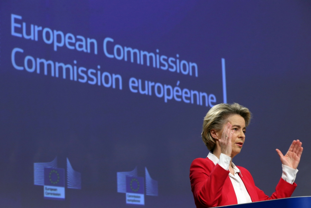 European Commission President Ursula Von Der Leyen holds a news conference on vaccine strategy in Brussels, Belgium, January 8, 2021. Francois Walschaerts/Pool via REUTERS