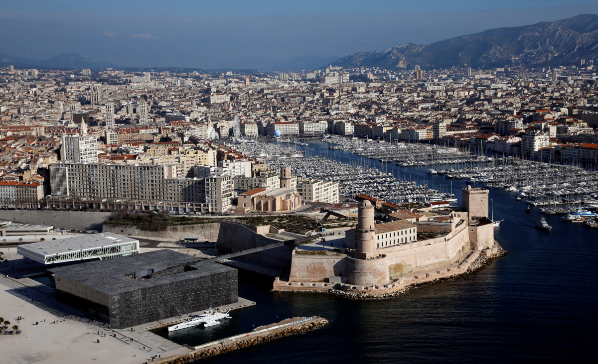 FILE PHOTO: An aerial view shows the Museum of European and Mediterranean Civilisations (MUCEM) and the Fort Saint-Jean in Marseille, France, February 17, 2016. Picture taken February 17, 2016. REUTERS/Jean-Paul Pelissier/File Photo