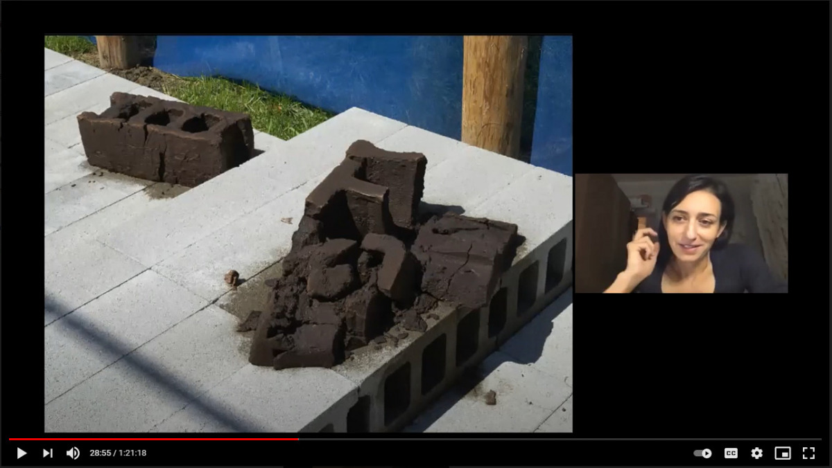 Gabriela Salazar, one of the guest artists, explains how she used dried coffee dregs to mimic concrete blocks, to raise awareness of climate change.