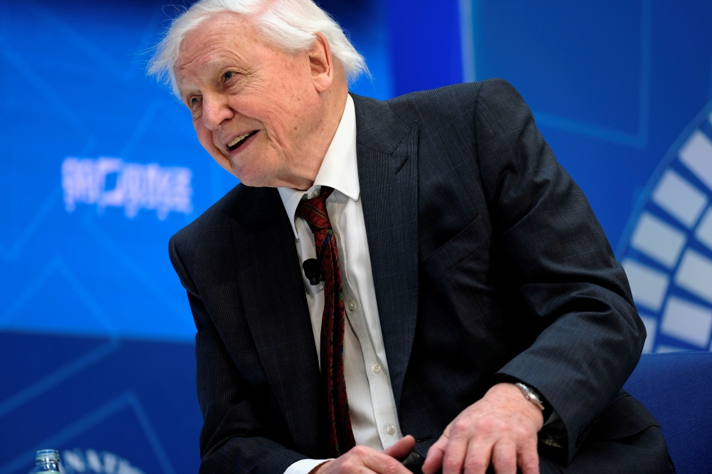 David Attenborough sits for an interview with IMF Managing Director Christine Lagarde during the Spring Meetings of the World Bank Group and IMF in Washington, U.S., April 11, 2019. REUTERS/James Lawler Duggan/File Photo