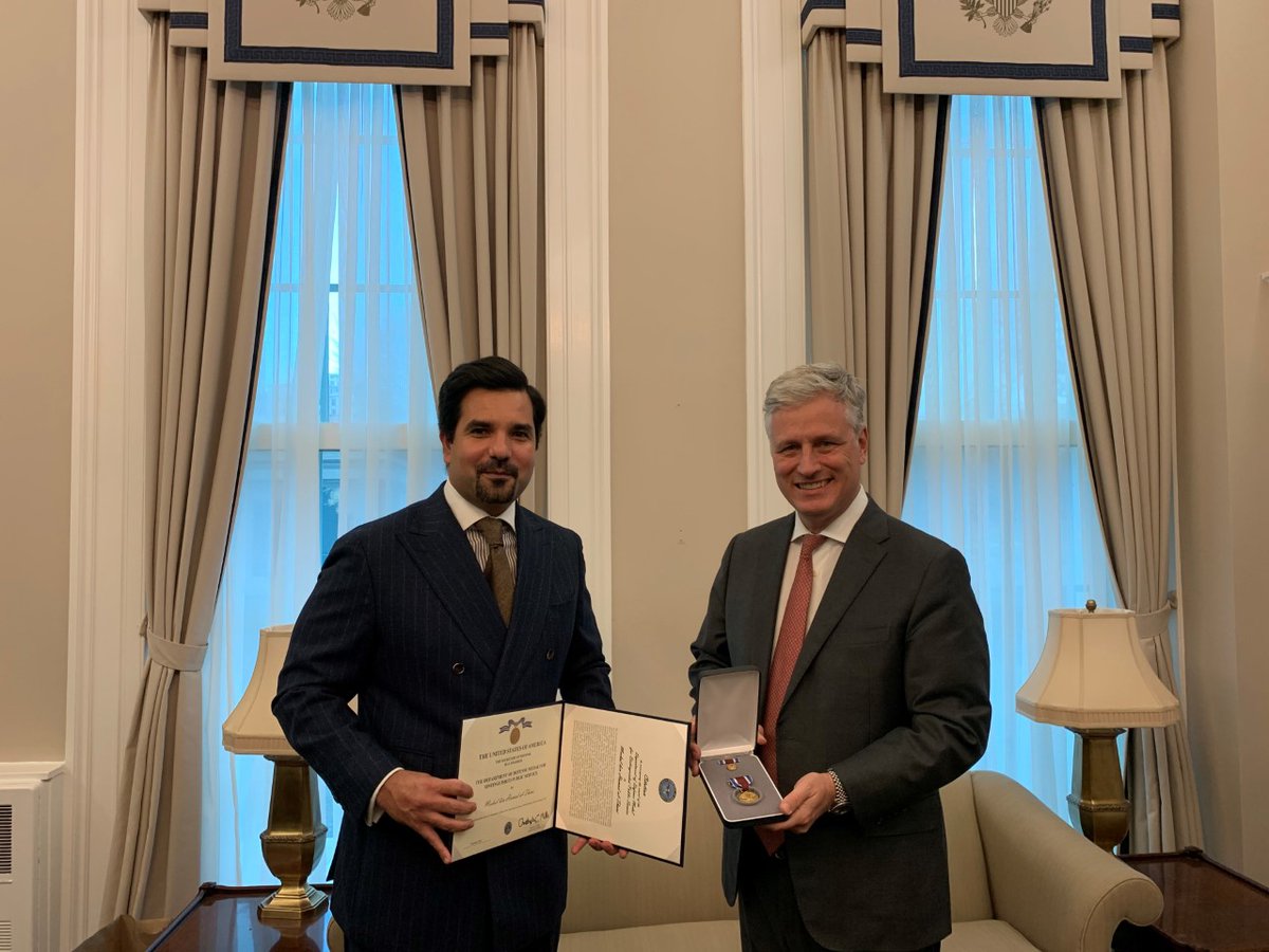 US National Security Adviser Ambassador Robert O'Brien handed the medal to Ambassador of the State of Qatar to the United States Sheikh Meshaal bin Hamad Al-Thani.