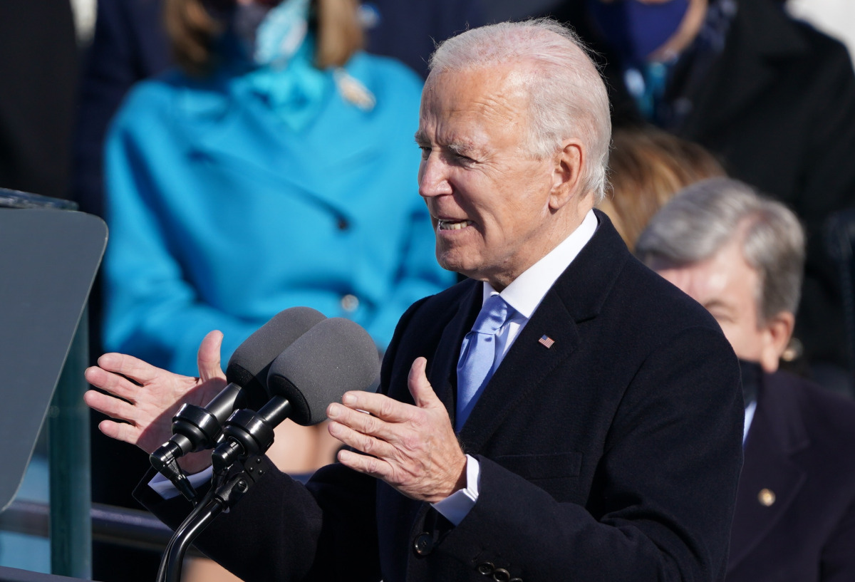 U.S. President Joe Biden delivers his speech after he was sworn in as the 46th President of the United States on the West Front of the U.S. Capitol in Washington, U.S., January 20, 2021. REUTERS/Kevin Lamarque
