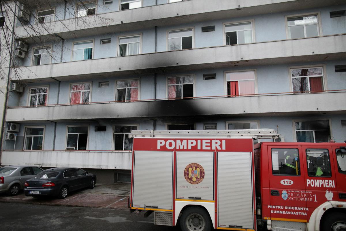A firetruck is seen at the site of COVID-19 hospital Matei Bals, after a fire broke out in one of its buildings, in Bucharest, Romania January 29, 2021. Inquam Photos/Octav Ganea/via REUTERS ATTENTION EDITORS - THIS IMAGE WAS PROVIDED BY A THIRD PARTY. RO