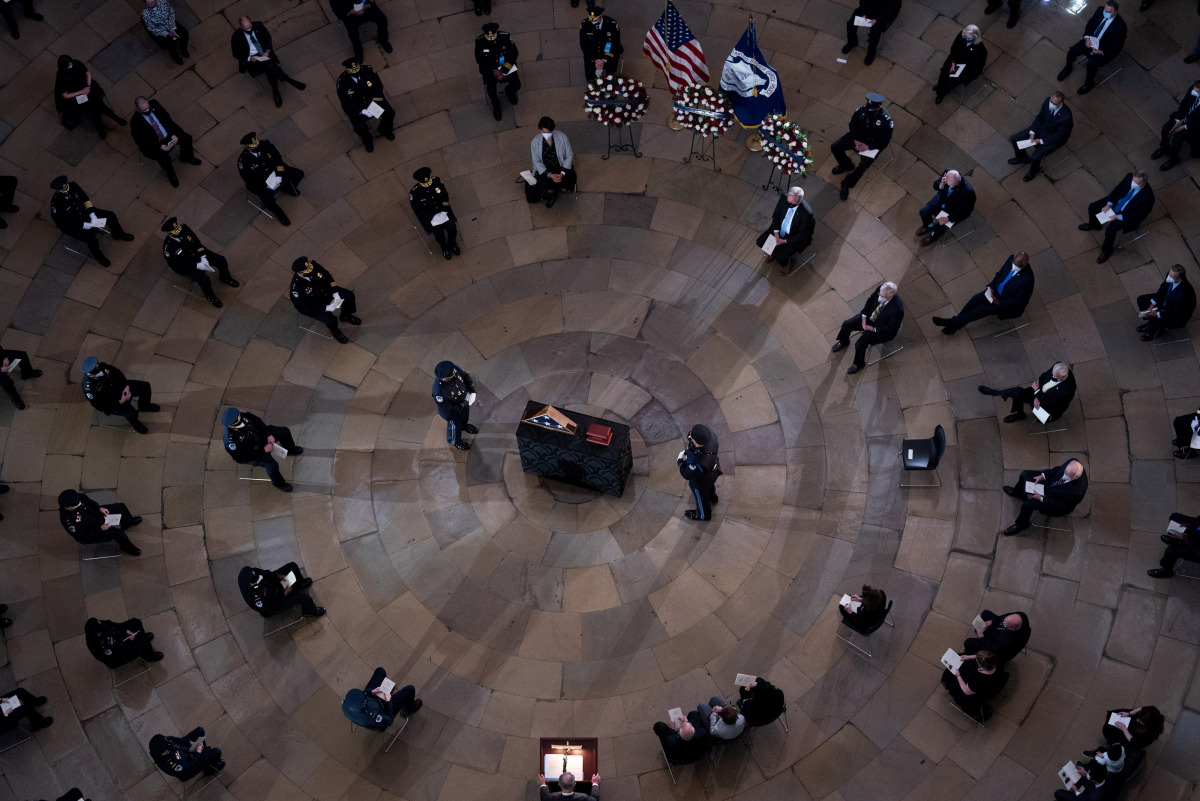 Senate Majority Leader Charles Schumer, D-NY, delivers remarks during the memorial service for U.S. Capitol Police officer Brian D. Sicknick, as he lies in honor in the Rotunda of the U.S. Capitol, in Washington, DC, U.S, February 3, 2021. Kevin Dietsch/P
