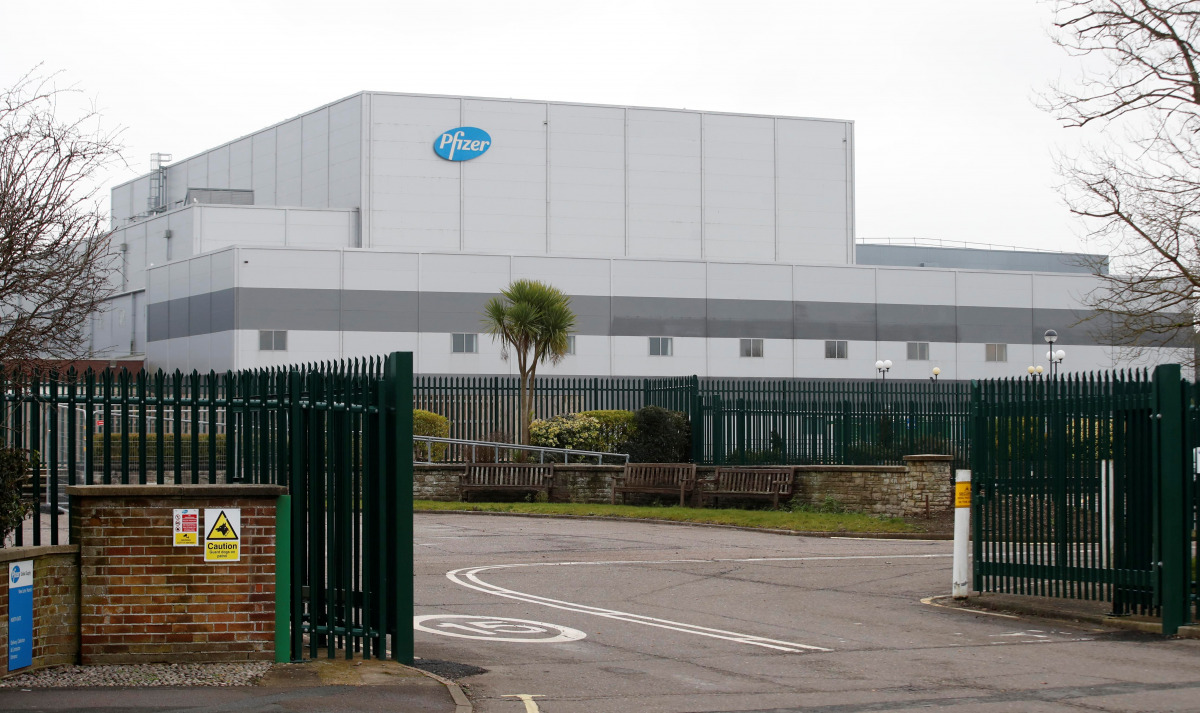 The Pfizer logo is seen at their global supply site in Havant, Britain, February 1, 2021. REUTERS/Matthew Childs
